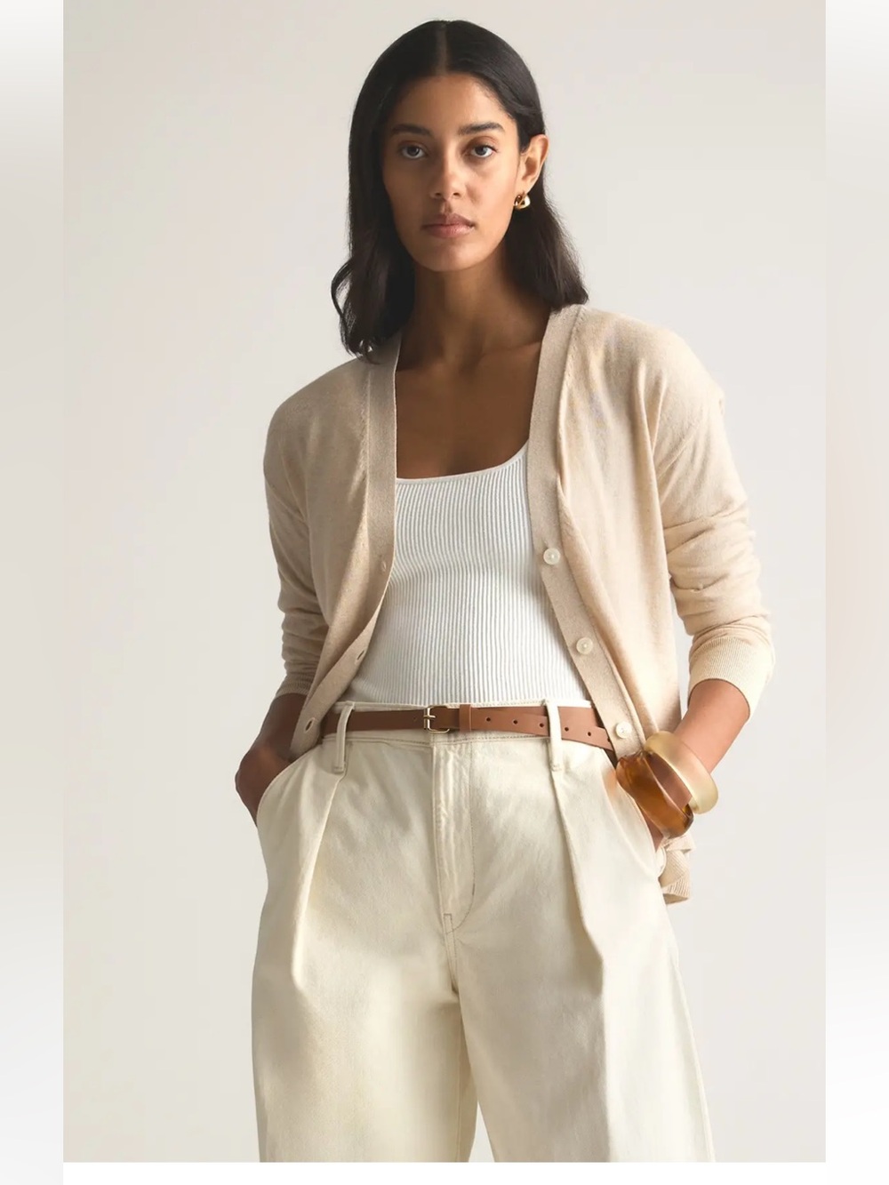 Quince Lightweight Cotton Cashmere Cardigan in Heather Oatmeal
